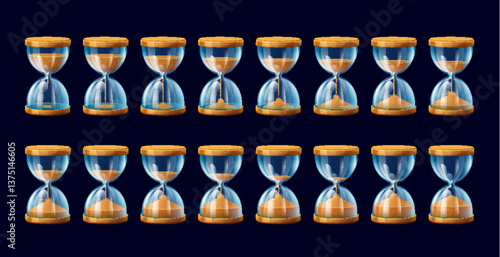 Hourglass or sandglass animation sprite sheet, vector game UI countdown timer. Cartoon vintage hourglass, sand clock or sandglass with falling sand. Running countdown timer animation sequence frame