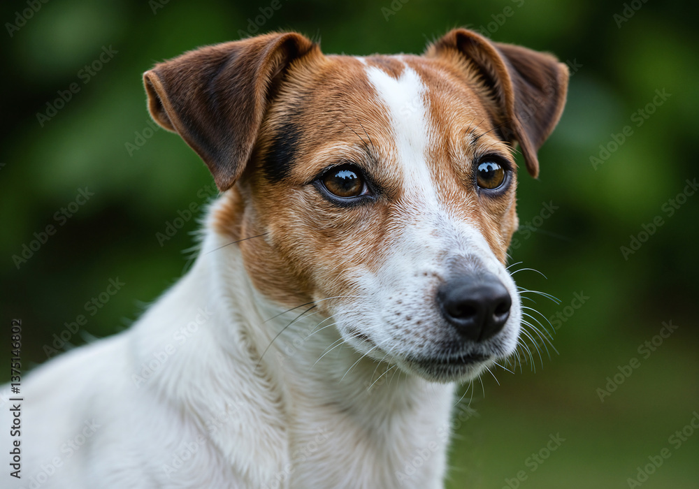Attentive Jack Russell Portrait with Lively Expression against Green Background Attentive Jack Russell Portrait with Lively Expression against Green Background