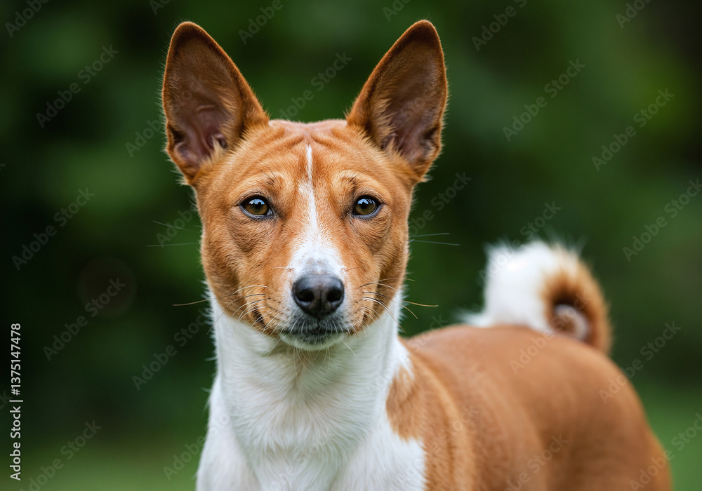 Alert Basenji Dog With Pointed Ears Against Blurred Green Background
Alert Basenji Dog With Pointed Ears Against Blurred Green Background