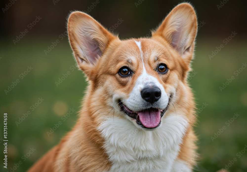 Cheerful Pembroke Welsh Corgi Portrait with Happy Expression against Green Background Cheerful Pembroke Welsh Corgi Portrait with Happy Expression against Green Background