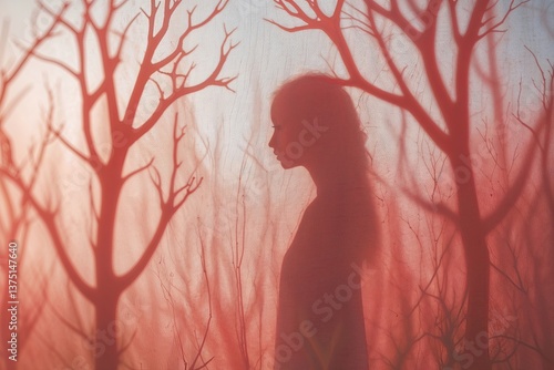 Minimalistic Nature Inspired Design with Soft Blurred Coral Background and Faded Colors