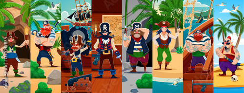 Cartoon pirates and corsair characters collage of treasure island, vector background. Caribbean pirates on ship, captain in tricorne hat, skipper with saber sword and corsair sailor with wooden leg