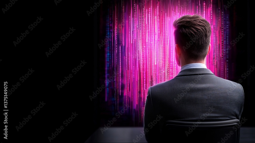 Man in Suit Analyzing Digital Data Stream with Pink Visuals on Dark Background Man in Suit Analyzing Digital Data Stream with Pink Visuals on Dark Background