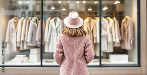 Wallpaper Mural Woman in pink coat and hat looking at light-colored coats displayed in a fashion store window, photographed in a soft style, concept of seasonal shopping. Ai generative Torontodigital.ca