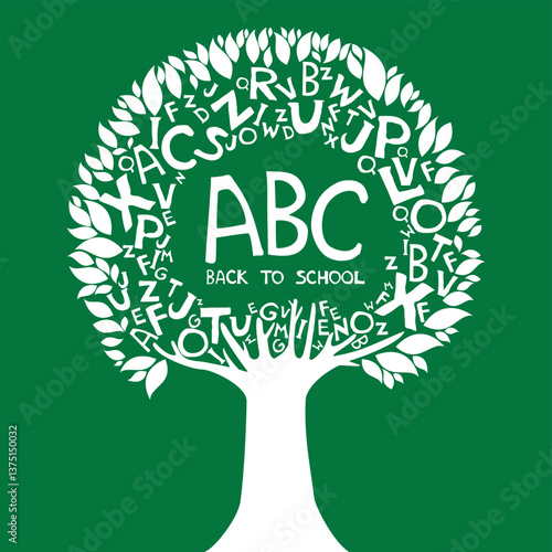 Back to school background. Abstract tree with White letters isolated on green background. Vector illustration 