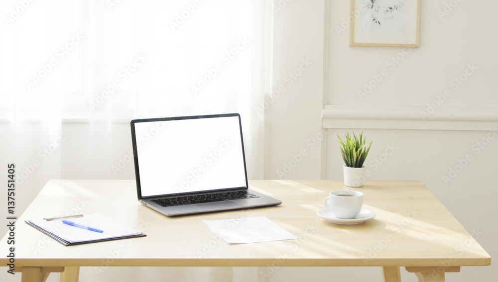 Minimalist workspace featuring a laptop on a simple wooden desk, green plant and open notebook, perfect for productivity. Isolated on white background or PNG Minimalist workspace featuring a laptop on a simple wooden desk, green plant and open notebook, perfect for productivity. Isolated on white background or PNG