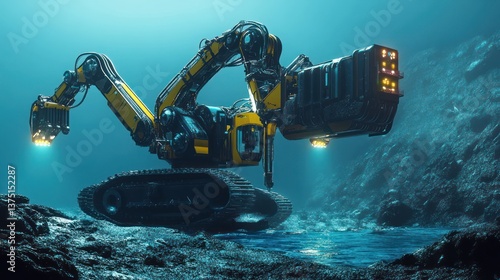 An underwater excavator operates in a murky and aquatic environment