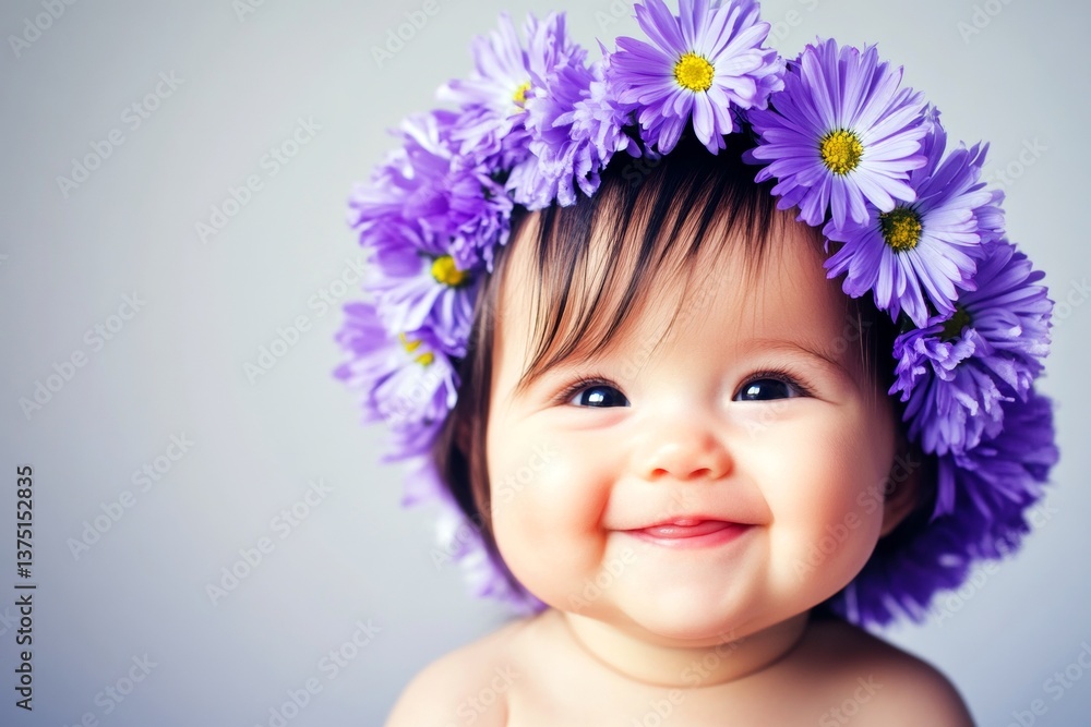 Happy caucasian infant girl with black hair wearing purple flower crown on her head. Happy vacation time concept art. Morning glow. Joyful girl in a blooming meadow. Happy little traveler. Happy caucasian infant girl with black hair wearing purple flower crown on her head. Happy vacation time concept art. Morning glow. Joyful girl in a blooming meadow. Happy little traveler.