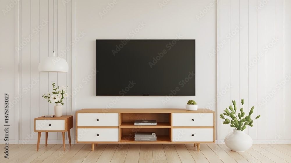 Fototapeta Modern Living Room: Clean lines and minimalist design characterize this modern living room, featuring a sleek television mounted above a wooden cabinet, accented by elegant decor and natural light.