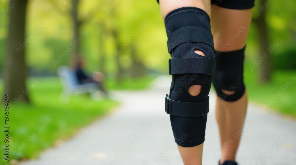 Fototapeta premium Person wearing supportive knee brace while walking on a paved path in a park