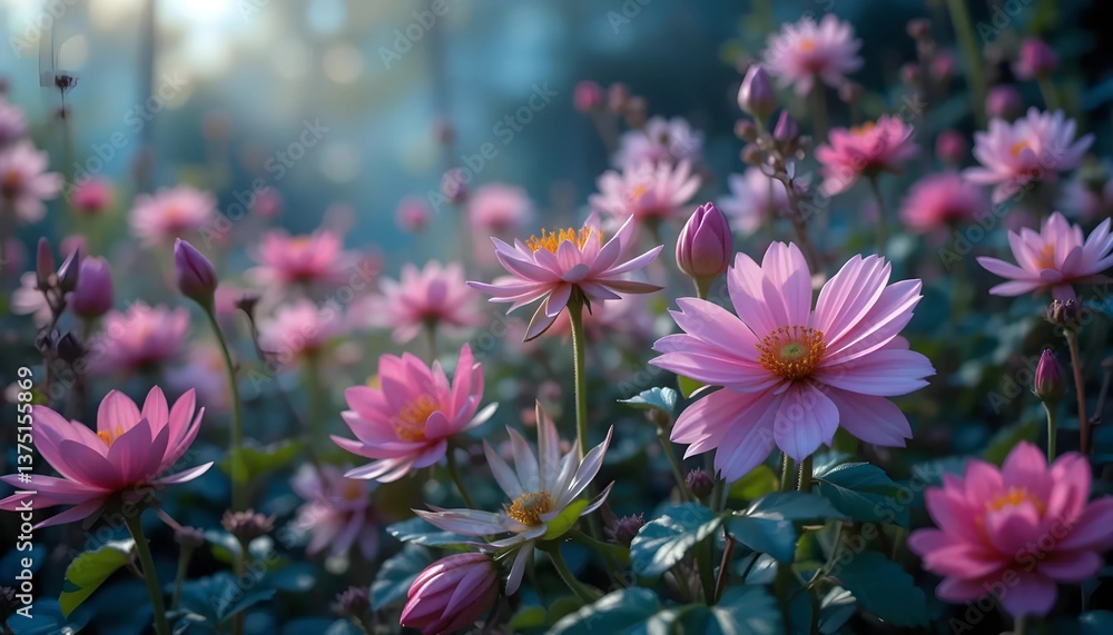 Obraz premium A vibrant close-up of a multitude of delicate pink flowers, likely cosmos or similar blooms, in a garden setting.