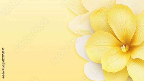 Pale yellow and creamy white flowers on soft yellow background create serene atmosphere
