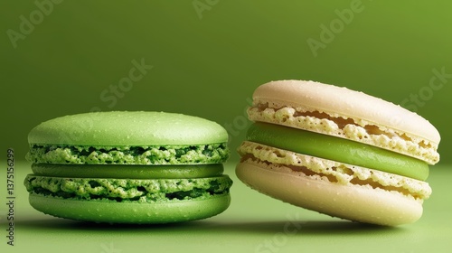 Two pastel green and beige macarons on green background create delightful contrast