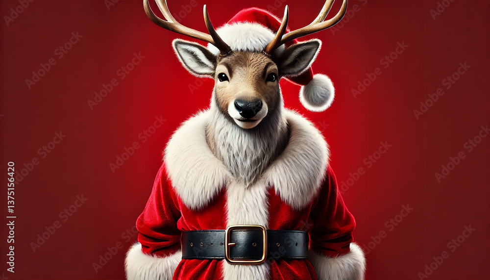 A portrait of a reindeer dressed as Santa Claus in Christmas A portrait of a reindeer dressed as Santa Claus in Christmas