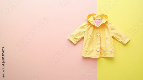 pastel yellow baby raincoat is displayed on pink and yellow background