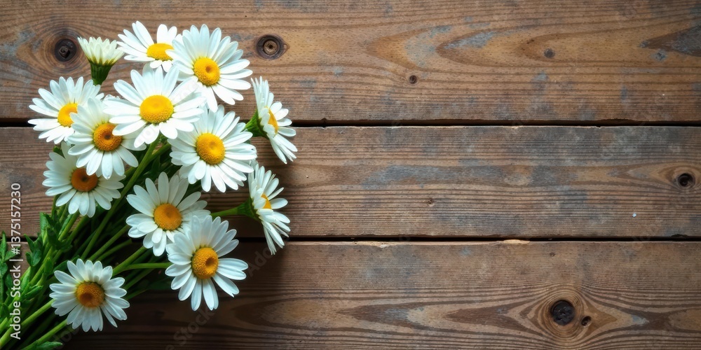 Obraz premium A Delicate Bouquet of Daisies Resting on a Rustic Wooden Surface, a Natural Still Life Composition Perfect for Springtime Greetings or Seasonal Designs