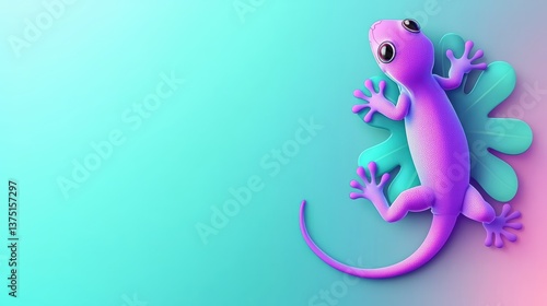 vibrant purple reptile with big eyes rests on teal leaf against colorful gradient background