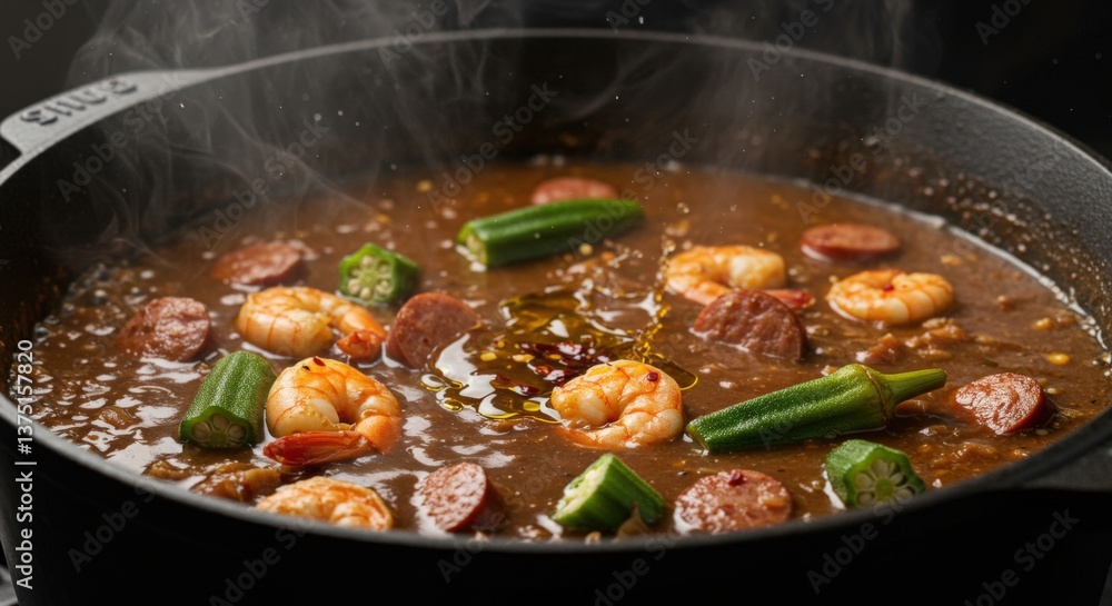 A Hearty Shrimp and Sausage Gumbo Cooking in a Black Pot with Okra - Hot, Flavorful Cajun Cuisine in Process, Steaming and Inviting A Hearty Shrimp and Sausage Gumbo Cooking in a Black Pot with Okra - Hot, Flavorful Cajun Cuisine in Process, Steaming and Inviting