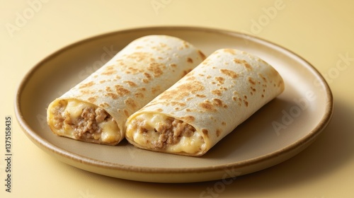 Savory grilled wraps filled with meat and melted cheese on beige plate