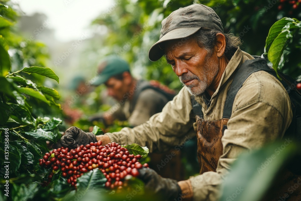 Fototapeta premium Dedicated workers meticulously pick ripe coffee beans from vibrant green plants at a tranquil plantation during the early morning hours Generative AI