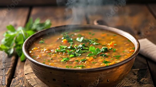 This video captures a steaming bowl of hearty lentil soup, beautifully garnished with fresh parsley, resting on a rustic wooden table. Perfect for food enthusiasts and healthy lifestyle themes.