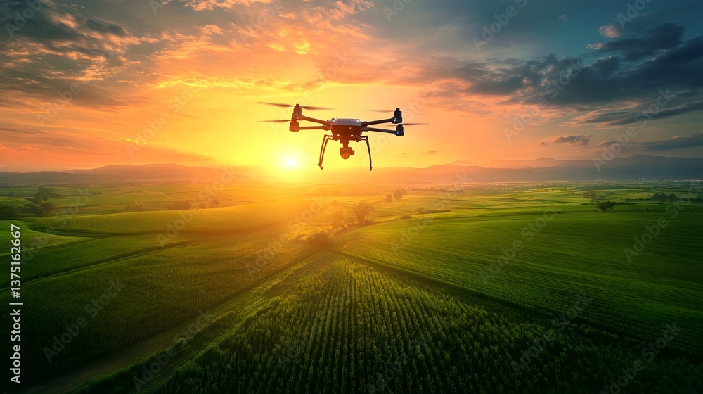 Fototapeta premium Drone surveying farmland at sunset