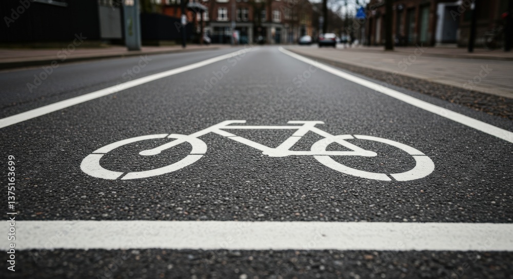 Obraz premium Bicycle Lane Symbol on Urban Asphalt Road, Highlighting Cycling Infrastructure for Commuters in a City Environment