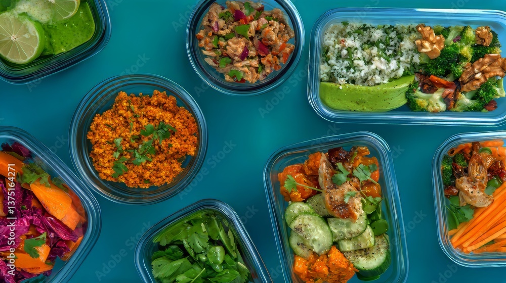 Healthy Meal Prep: Colorful bowls and containers filled with nutritious meals on a teal background. Healthy Meal Prep: Colorful bowls and containers filled with nutritious meals on a teal background.