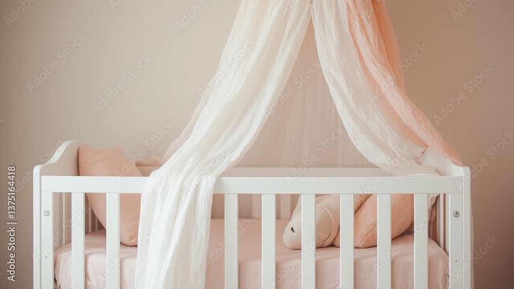 A cozy baby crib adorned with a soft pink mattress, pillow, and a light pink canopy. Perfect for nursery design, baby products, and comfort themes A cozy baby crib adorned with a soft pink mattress, pillow, and a light pink canopy. Perfect for nursery design, baby products, and comfort themes