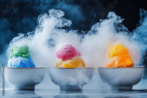 Fototapeta Naklejka Na Ścianę i Meble -  Molecular nitrogen ice cream with customizable flavor clouds