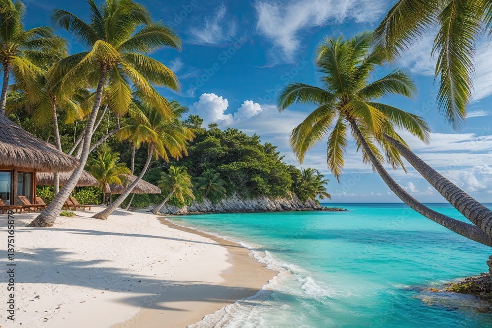 Obraz premium Tranquil Beach Paradise with Pristine White Sand Lush Palm Trees and Crystal Clear Waters for the Ultimate Vacation Escape