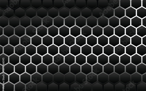 Black and silver honeycomb pattern, digital design.  Hexagonal grid, dark gradient background.  Modern geometric texture, industrial design element.