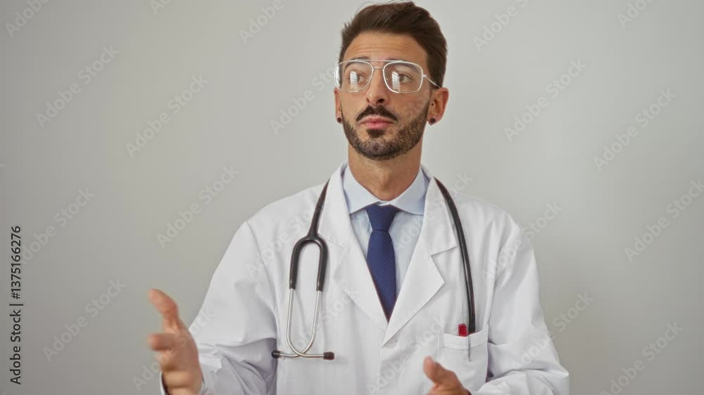 Young man doctor wearing glasses and stethoscope poses thoughtfully in a white coat against a neutral white background conveying health and professionalism. Young man doctor wearing glasses and stethoscope poses thoughtfully in a white coat against a neutral white background conveying health and professionalism.