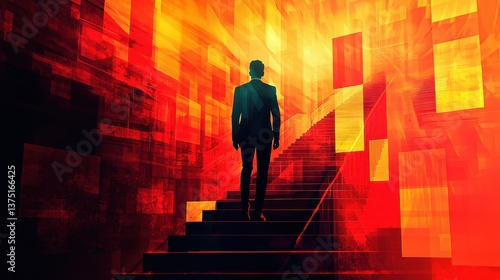 Ascending ambitions a figure climbs the steps of success in a fiery environment