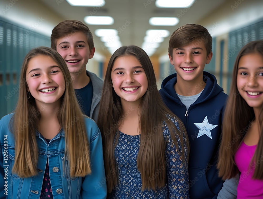 Group of smiling teenage friends standing together in a school hallway, looking at the camera with happy expressions. Diverse group of adolescents enjoying friendship and youth.
Group of smiling teenage friends standing together in a school hallway, looking at the camera with happy expressions. Diverse group of adolescents enjoying friendship and youth.
