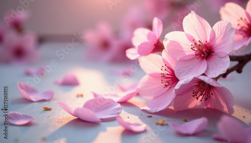 Delicate pink sakura blossoms, scattered petals, soft background, pattern, botanical, subtle