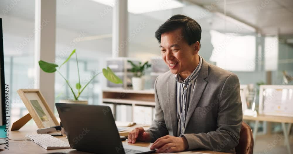 Video call, smile and man with laptop, business and feedback for project on app, sales manager and online. Office, talking and Asian person with tech for communication, employee and productivity Video call, smile and man with laptop, business and feedback for project on app, sales manager and online. Office, talking and Asian person with tech for communication, employee and productivity