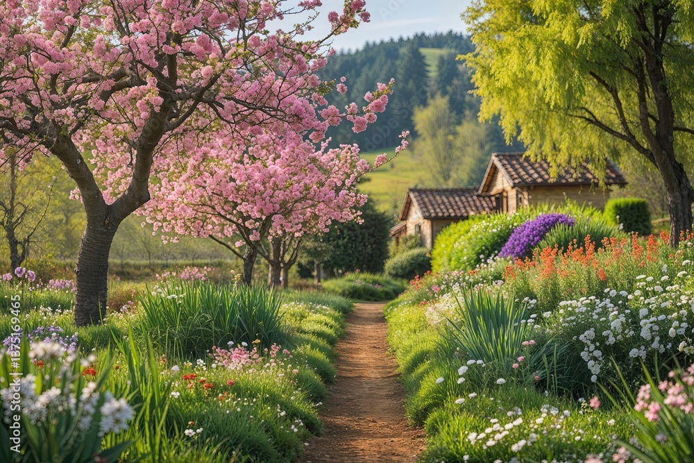 Fototapeta premium Enchanting Countryside Landscape with Lush Greenery and Colorful Blossoming Flowers