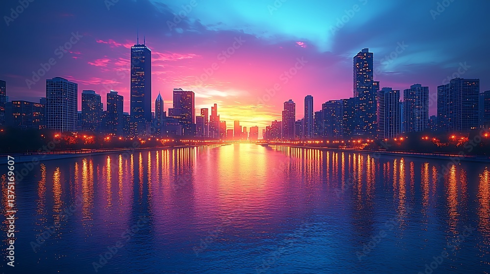 Fototapeta premium Vibrant city lights sparkling across calm river high resolution wallpaper