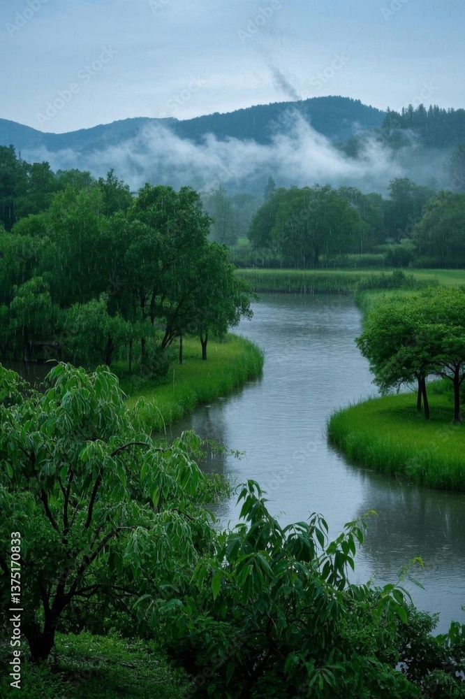 Obraz premium there is a river running through a lush green forest filled with trees