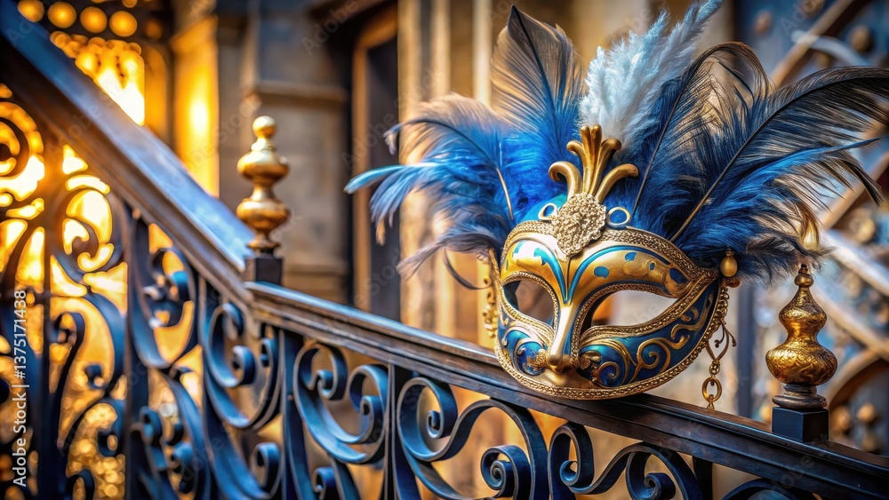 Fototapeta premium Ornate Venetian Mask Adorned with Blue and Gold Feathers Rests on an Intricate Wrought Iron Railing