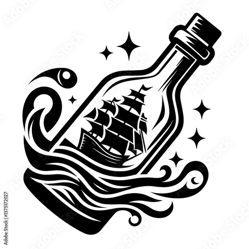 Sailing ship in bottle with swirling waves and stars