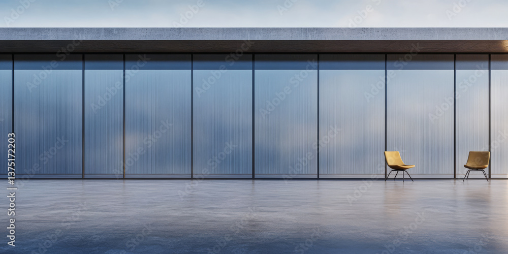 Naklejka premium Modern minimalist interior with two yellow chairs in a spacious setting