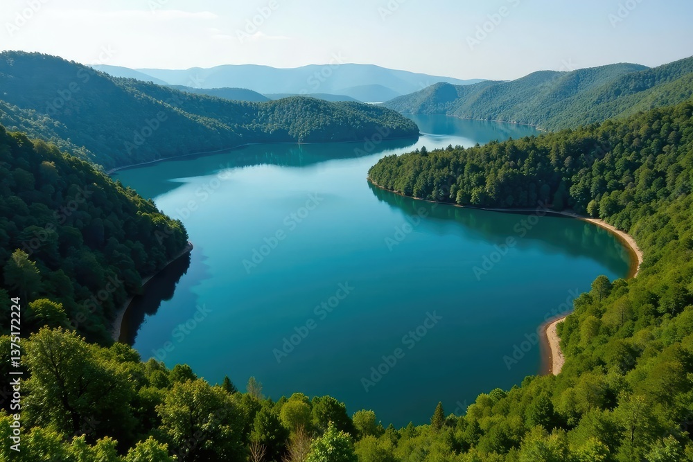 Irregular shaped lake with winding shoreline, forested banks, irregular lake, aerial, habitat Irregular shaped lake with winding shoreline, forested banks, irregular lake, aerial, habitat