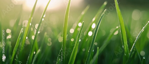 Panel kuchenny z motywem Close-up of a group of green grass blades with dew drops glistening on them. the blades are long and slender, with a pointed tip.