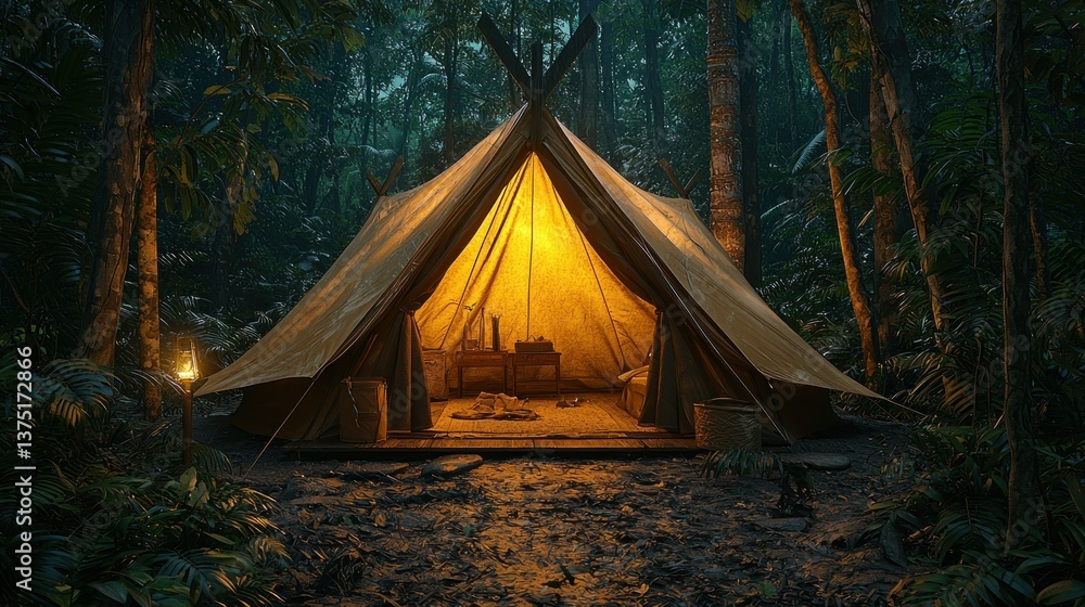 Illuminated Tent in a Lush Tropical Forest at Night Illuminated Tent in a Lush Tropical Forest at Night