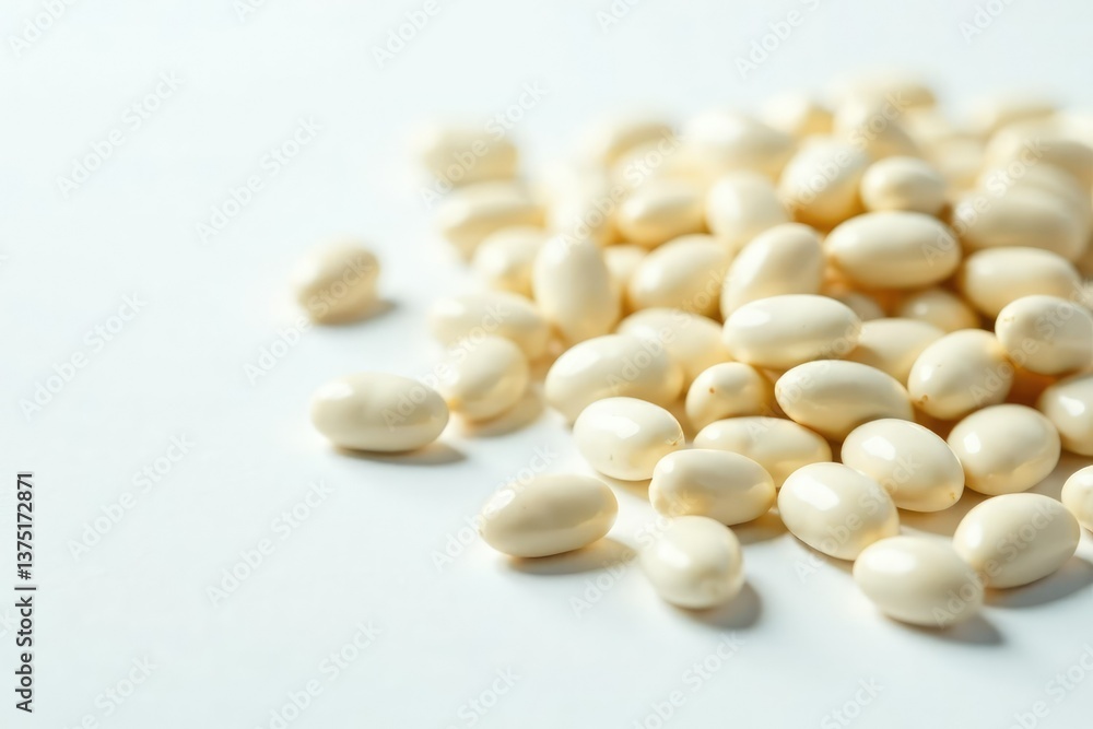 Scattered white beans on pristine white surface, macro, dietary fiber, isolated Scattered white beans on pristine white surface, macro, dietary fiber, isolated