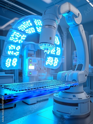 AI driven robotic arms performing high precision cancer removal surgeries advanced medical robotics Stock Photo with side copy space