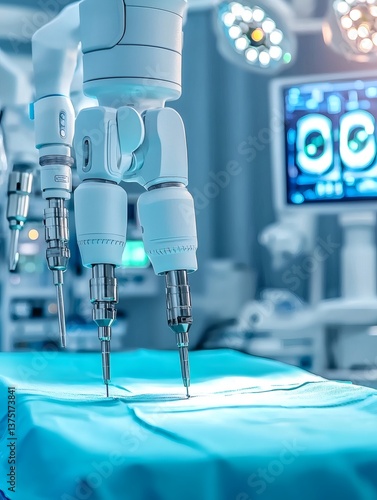 AI driven robotic arms performing high precision cancer removal surgeries advanced medical robotics Stock Photo with side copy space