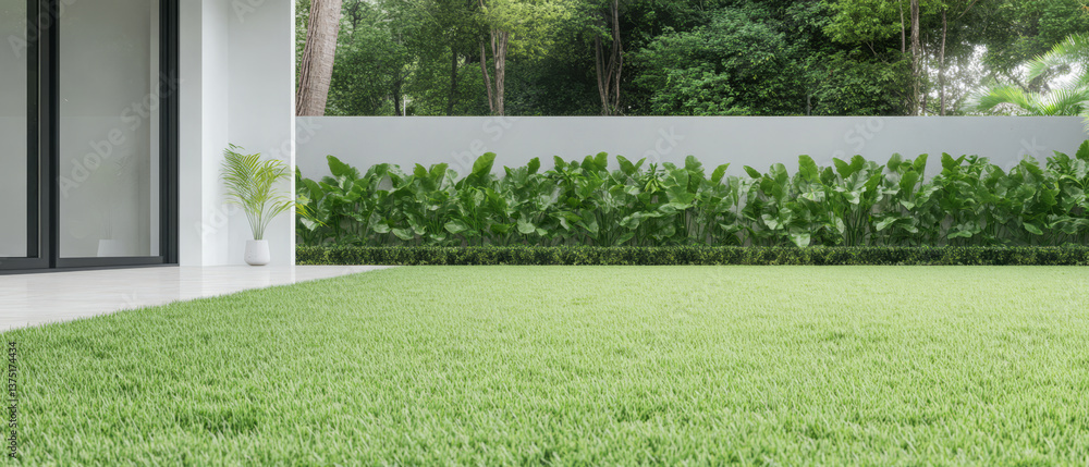 Lush green lawn and modern architecture create a tranquil outdoor space in a residential setting Lush green lawn and modern architecture create a tranquil outdoor space in a residential setting
